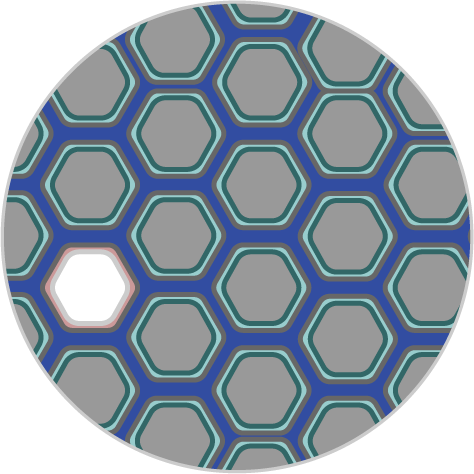 A graphic of stylized AAV showing one full capsid among a sea of empty.