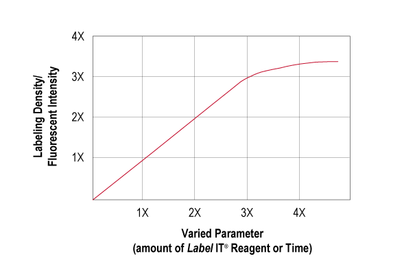 Graph showing nucleic acid labeling density can be adjusted linearly with amount of Label IT® or reaction incubation time used.
